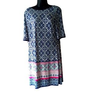 Eliza J Blue White Pink Geometric Tile Print Shift Dress Gold Back‎ Zip Size 12